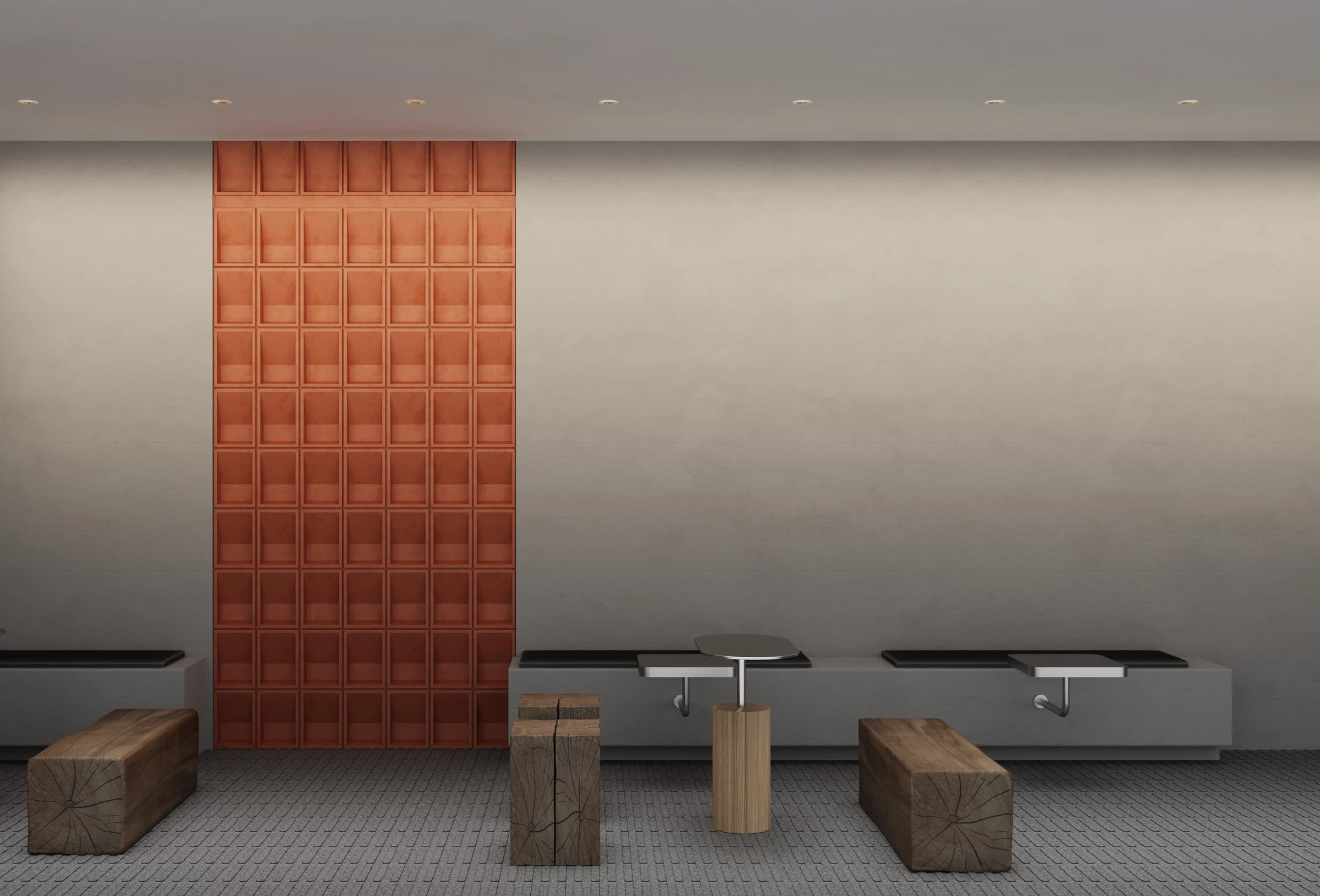 Minimalist restaurant interior with recessed downlights and warm copper accent wall