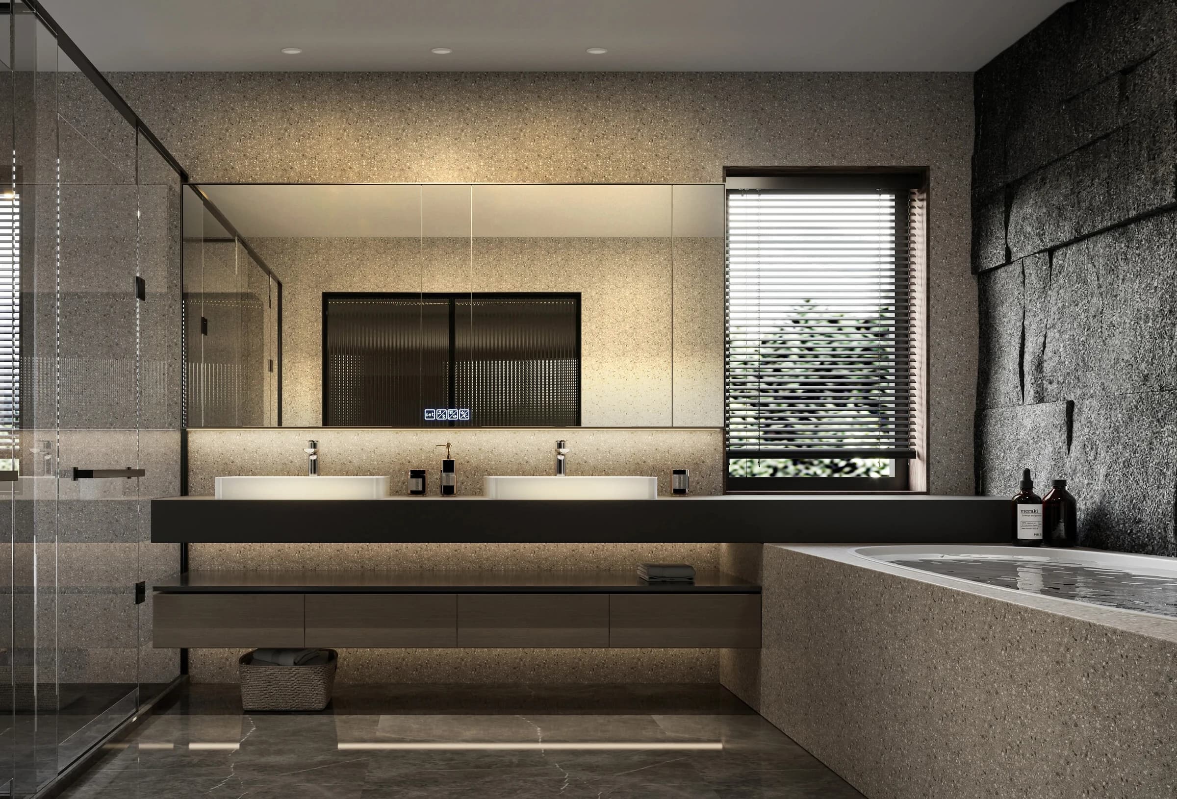 Luxury hotel bathroom with illuminated vanity mirror, stone walls and warm ambient lighting