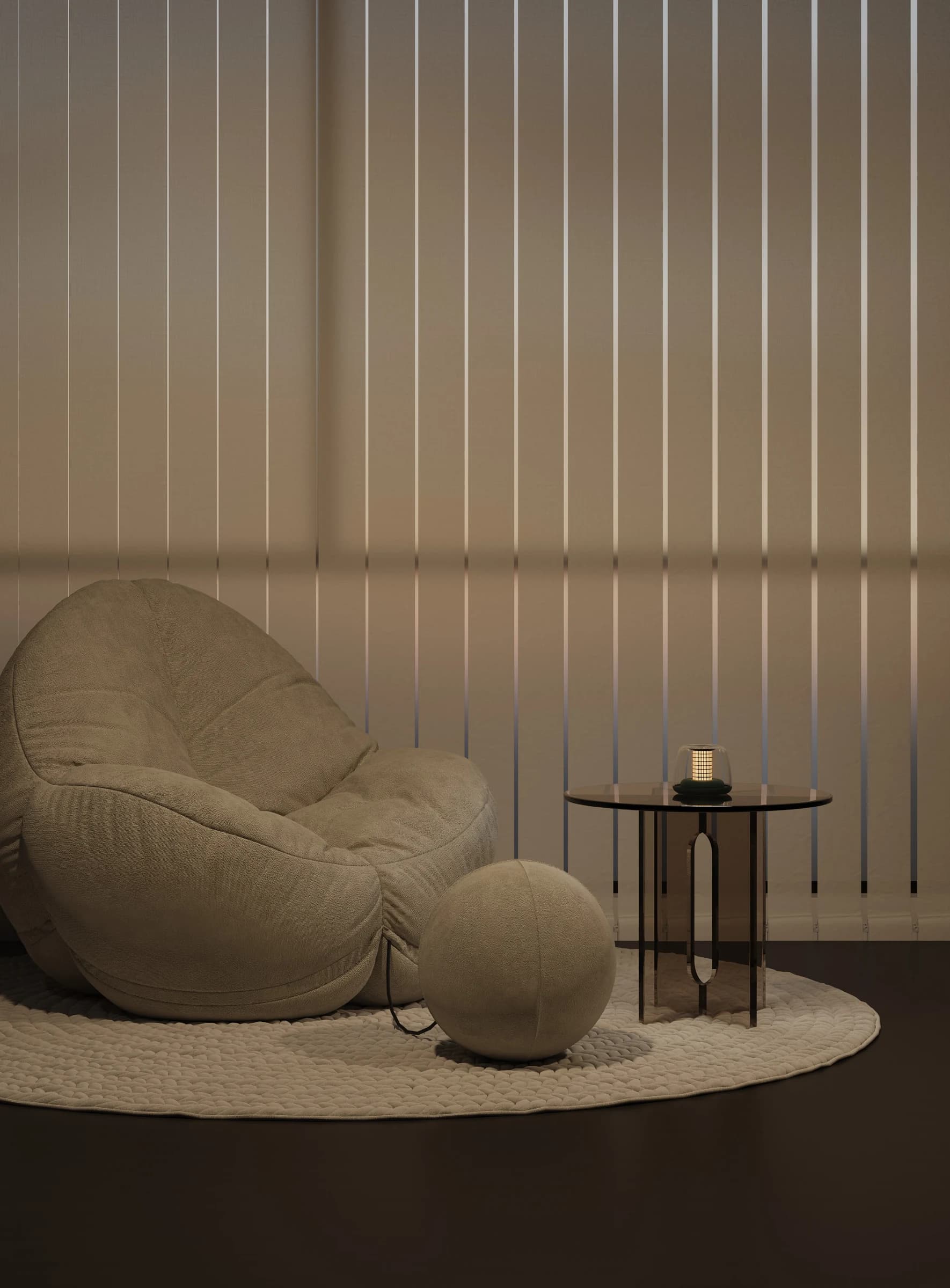 Intimate reading nook with lounger chair, vertical light strip wall and side table